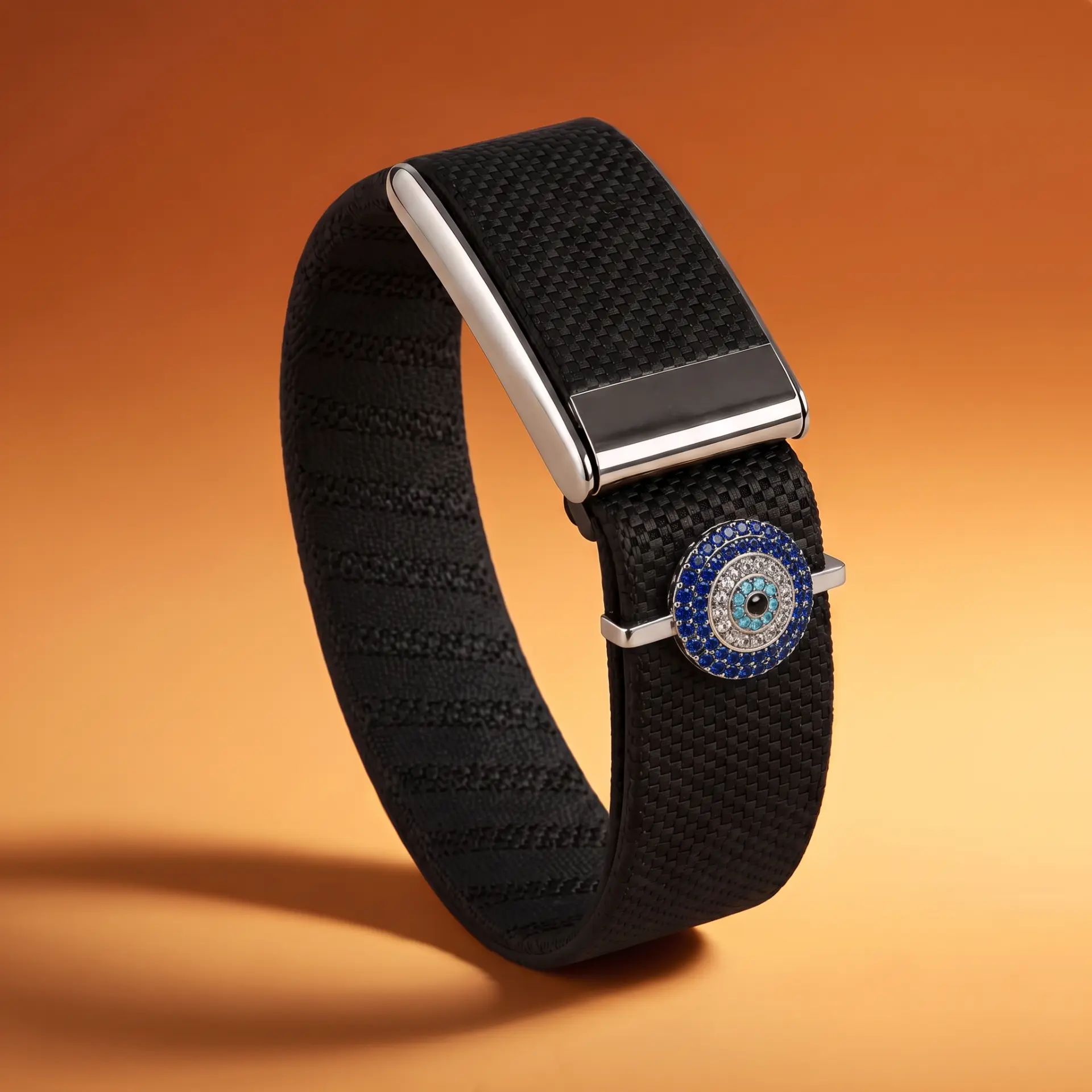Black woven band with a silver evil-eye charm ringed in blue and white stones